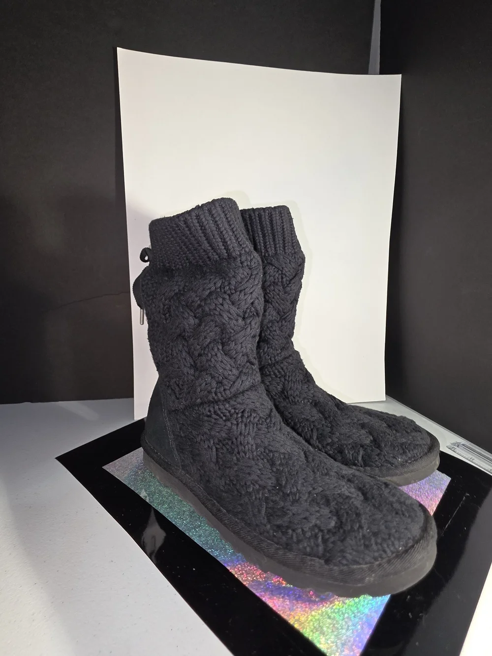 UGG Australia Isla Black Cable Knit Mid-Calf Winter Boots Size 6